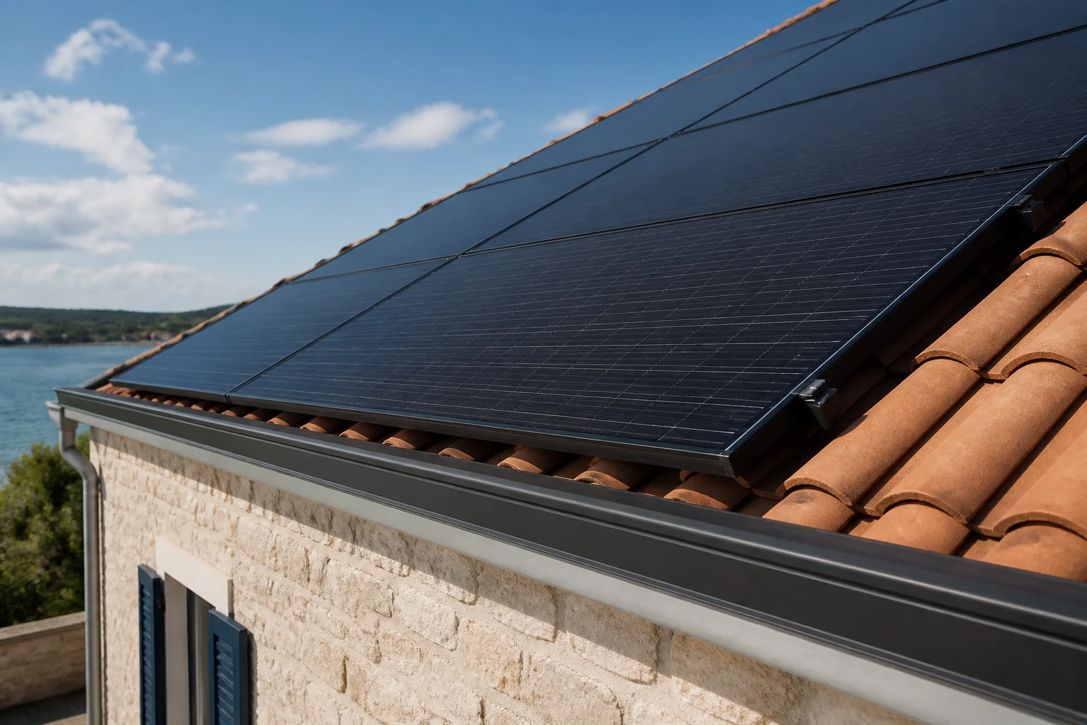 Pose professionnelle de modules photovoltaïques sur une toiture en tuiles Pose professionnelle de modules photovoltaïques sur une toiture en tuiles
