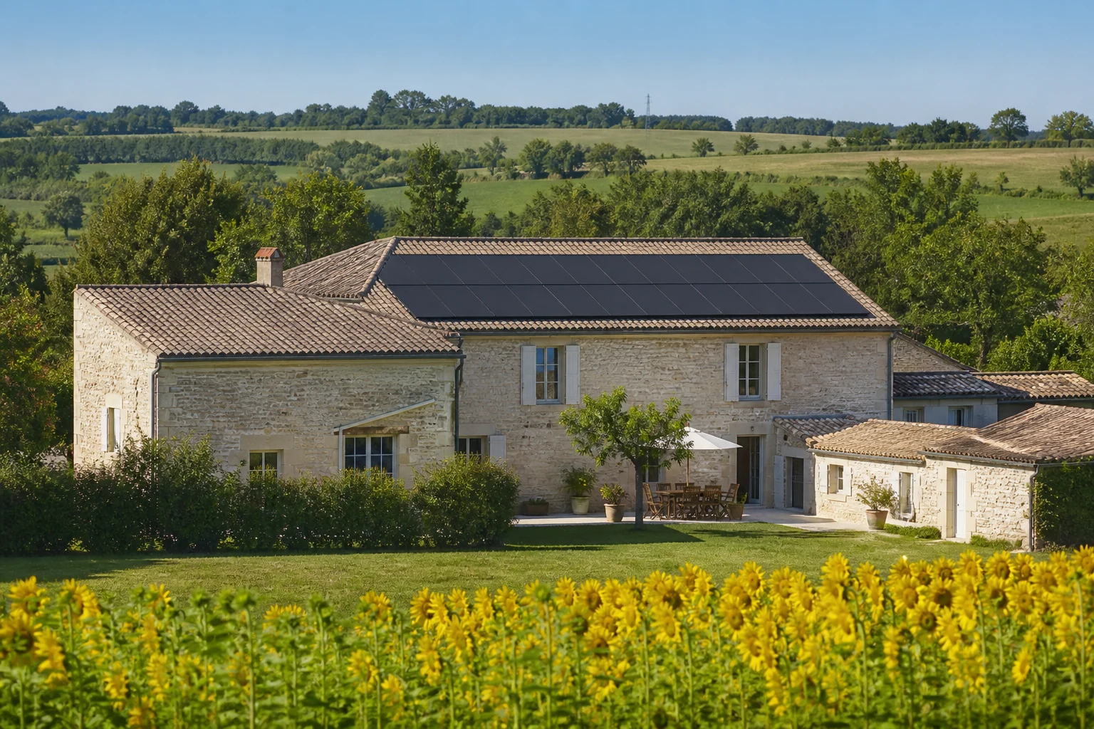 Habitation équipée de panneaux face aux paysages de Haute-Saintonge Habitation équipée de panneaux face aux paysages de Haute-Saintonge